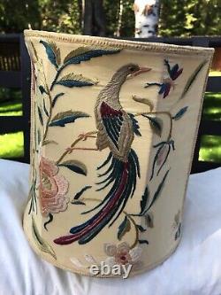 VTG Antique Silk Embroidered Hexagon Paneled Lamp Shade with Bird Flowers Leaves