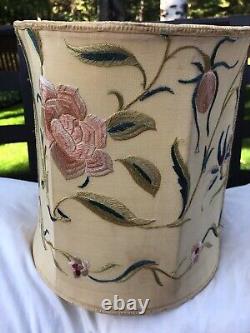 VTG Antique Silk Embroidered Hexagon Paneled Lamp Shade with Bird Flowers Leaves