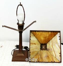 VTG Arts & Crafts Style Brown Table Lamp with Slag Glass Shade Heavy Metal Base