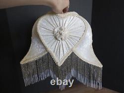 VTG Dale Tiffany Cream Heart Floral Glass Beaded Fringe Boudoir Lamp Shade READ