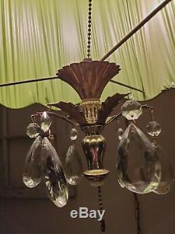 VTG Green Drum Shade Swag Lamp with Hanging Crystals Light Mid Century Regency