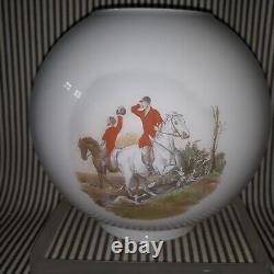 VTG HUNT SCENES with HORSES & RIDERS & DOGS GWTW OIL LAMP SHADE MILK GLASS GLOBE