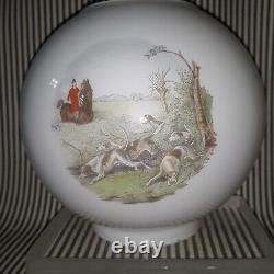 VTG HUNT SCENES with HORSES & RIDERS & DOGS GWTW OIL LAMP SHADE MILK GLASS GLOBE