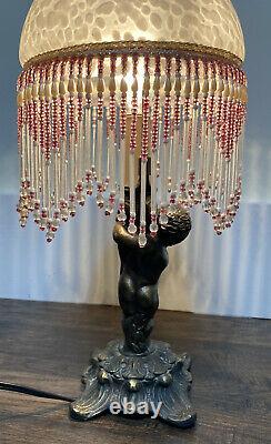 VTG L & L WMC Cherub Bronze Parlor 15 Lamp Speckled Dome Glass Shade Beaded