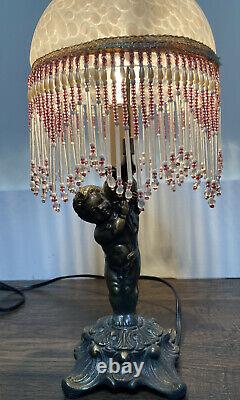 VTG L & L WMC Cherub Bronze Parlor 15 Lamp Speckled Dome Glass Shade Beaded