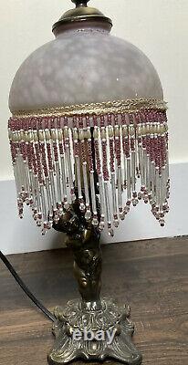 VTG L & L WMC Cherub Bronze Parlor 15 Lamp Speckled Dome Glass Shade Beaded