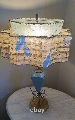 VTG MCM Atomic Turquoise Ceramic Table Lamp 2 Tier Fiberglass WAVE shade