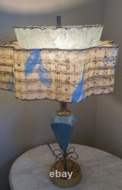 VTG MCM Atomic Turquoise Ceramic Table Lamp 2 Tier Fiberglass WAVE shade