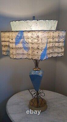 VTG MCM Atomic Turquoise Ceramic Table Lamp 2 Tier Fiberglass WAVE shade