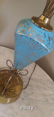 VTG MCM Atomic Turquoise Ceramic Table Lamp 2 Tier Fiberglass WAVE shade