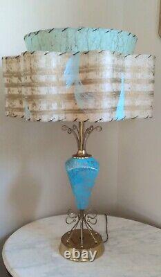 VTG MCM Atomic Turquoise Ceramic Table Lamp 2 Tier Fiberglass WAVE shade