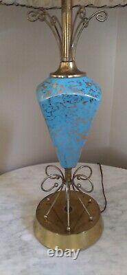 VTG MCM Atomic Turquoise Ceramic Table Lamp 2 Tier Fiberglass WAVE shade