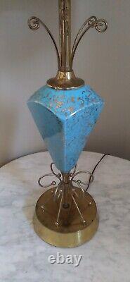 VTG MCM Atomic Turquoise Ceramic Table Lamp 2 Tier Fiberglass WAVE shade