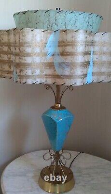 VTG MCM Atomic Turquoise Ceramic Table Lamp 2 Tier Fiberglass WAVE shade