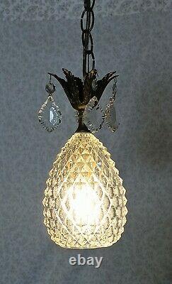 VTG MCM Double Swag Hanging Ceiling Light Lamp Diamond Point Glass Shades