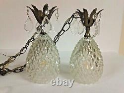 VTG MCM Double Swag Hanging Ceiling Light Lamp Diamond Point Glass Shades
