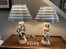 VTG MCM Pair Chalkware Figural Lamps WithRare Venetian Blinds