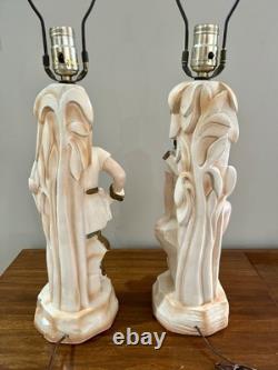 VTG MCM Pair Chalkware Figural Lamps WithRare Venetian Blinds