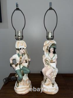 VTG MCM Pair Chalkware Figural Lamps WithRare Venetian Blinds