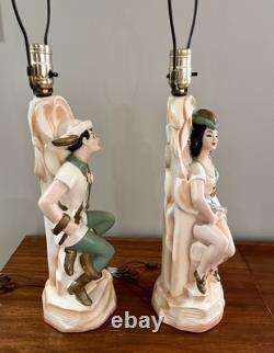 VTG MCM Pair Chalkware Figural Lamps WithRare Venetian Blinds