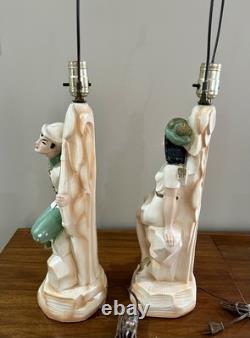 VTG MCM Pair Chalkware Figural Lamps WithRare Venetian Blinds