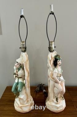 VTG MCM Pair Chalkware Figural Lamps WithRare Venetian Blinds