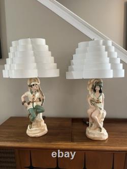 VTG MCM Pair Chalkware Figural Lamps WithRare Venetian Blinds