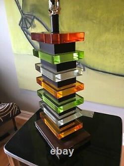 VTG MCM Stacked Multicolor Lucite Skyscraper Table Lamp withVenetian Shade WOW