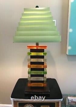 VTG MCM Stacked Multicolor Lucite Skyscraper Table Lamp withVenetian Shade WOW