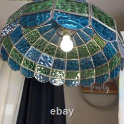 VTG MCM Stained Glass Pendant Light Shade Blue Green Slag Glass Scalloped 20