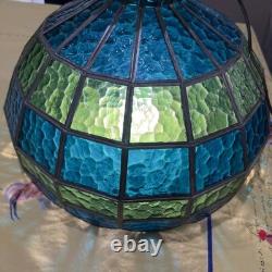 VTG MCM Stained Glass Pendant Light Shade Blue Green Slag Glass Scalloped 20