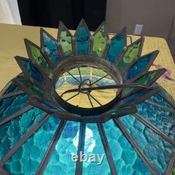 VTG MCM Stained Glass Pendant Light Shade Blue Green Slag Glass Scalloped 20