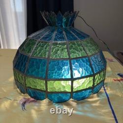 VTG MCM Stained Glass Pendant Light Shade Blue Green Slag Glass Scalloped 20