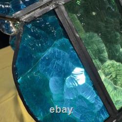 VTG MCM Stained Glass Pendant Light Shade Blue Green Slag Glass Scalloped 20