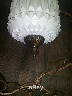VTG Mid Century Double HANGING Ceiling SWAG Light LAMP White GLASS Shade