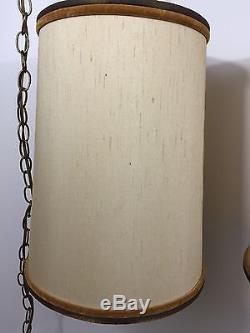VTG Mid Century Swag Lamp Pair With Barrel Shades Beige Tan GUC