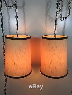 VTG Mid Century Swag Lamp Pair With Barrel Shades Beige Tan GUC