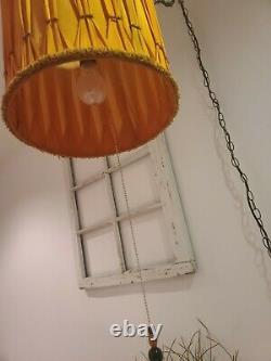 VTG Orange Pleated Drum Shade Swag Lamp Barrel Hanging Light Mid Century Plug In