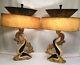 Vtg Pair Mid-century Continental Art Co Log Leaf Retro Lamps / Fiberglass Shades