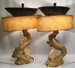 VTG PAIR Mid-Century Continental Art Co Log Leaf Retro Lamps / Fiberglass Shades