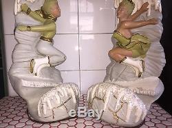 VTG Pair 1950s 50s MCM Puccini Ice Skaters Fiberglass Shades Chalkware Lamps