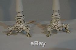 VTG Pair Boudoir French Provincial Candlestick Table Lamp Metal Clawfoot +Shades
