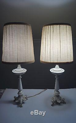VTG Pair Boudoir French Provincial Candlestick Table Lamp Metal Clawfoot +Shades