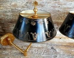 VTG Pair Brass Wall Lamps Swing Arm French Bouillotte Style Tole Metal Shades