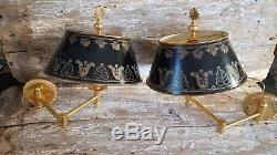 VTG Pair Brass Wall Lamps Swing Arm French Bouillotte Style Tole Metal Shades