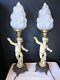 Vtg Pair Cherub Lamp Footed Figural Putti Electric Table Painted Metal With Shades