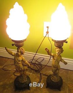 VTG Pair Cherub Lamp Footed Figural Putti Electric Table Painted Metal with Shades