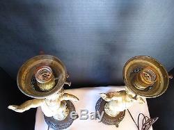VTG Pair Cherub Lamp Footed Figural Putti Electric Table Painted Metal with Shades
