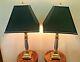 Vtg Pair Stiffel Brass & Polished Silver Table Lamps Withblack Faux Leather Shades