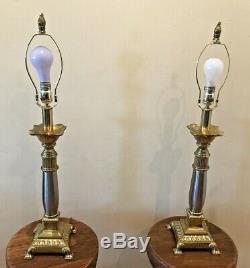 VTG Pair Stiffel Brass & Polished Silver Table Lamps withBlack Faux Leather Shades